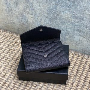 YSL Compact Flap Cassendre Wallet 10cm Black Leather Sliver HW