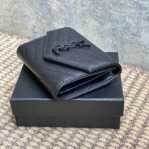 YSL Compact Flap Cassendre Wallet 10cm Full Black Leather