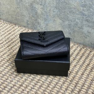 YSL Compact Flap Cassendre Wallet 10cm Full Black Leather