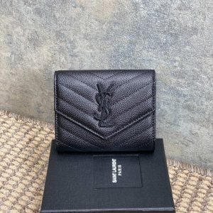 YSL Compact Flap Cassendre Wallet 10cm Full Black Leather