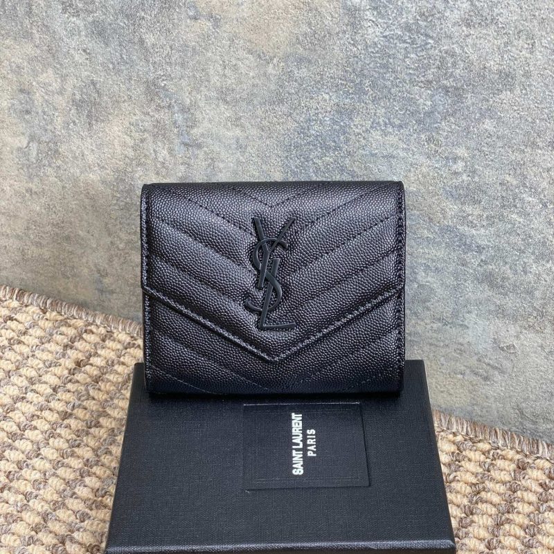 YSL Compact Flap Cassendre Wallet 10cm Full Black Leather