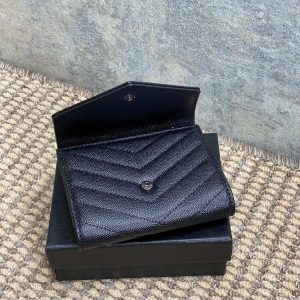 YSL Compact Flap Cassendre Wallet 10cm Full Black Leather