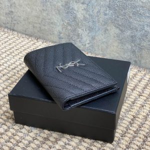 YSL Monogram Wallet Wallet 13cm Black Caviar Cowhide Sliver HW