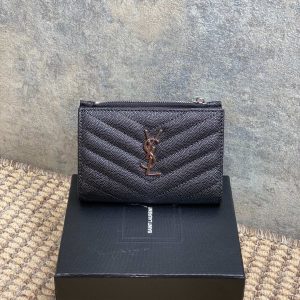 YSL Monogram Wallet Wallet 13cm Black Caviar Cowhide Sliver HW