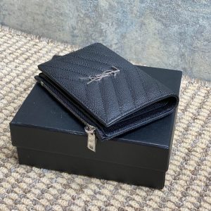YSL Monogram Wallet Wallet 13cm Black Caviar Cowhide Sliver HW
