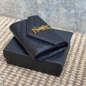 YSL GHW Logo Monogram Card Flap Wallet 13.5cm Black Caviar Cowhide