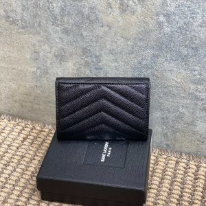 YSL GHW Logo Monogram Card Flap Wallet 13.5cm Black Caviar Cowhide