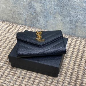 YSL GHW Logo Monogram Card Flap Wallet 13.5cm Black Caviar Cowhide