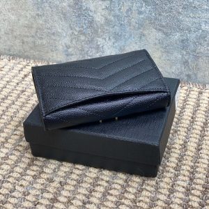 YSL GHW Logo Monogram Card Flap Wallet 13.5cm Black Caviar Cowhide