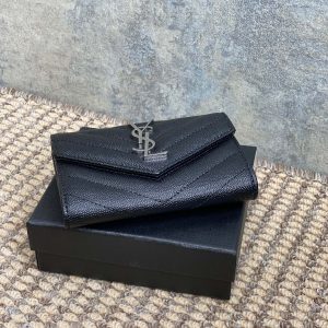YSL Sliver Logo Monogram Card Flap Wallet 13.5cm Black Caviar Cowhide