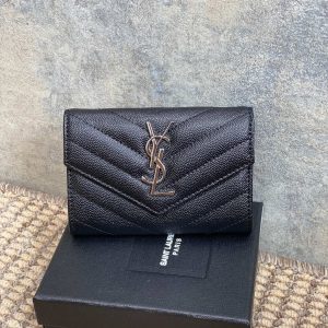YSL Sliver Logo Monogram Card Flap Wallet 13.5cm Black Caviar Cowhide
