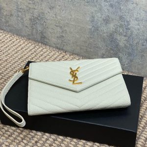 YSL Gold Hardware Logo Clutch 21cm White Caviar Cowhide