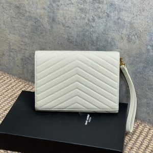 YSL Gold Hardware Logo Clutch 21cm White Caviar Cowhide