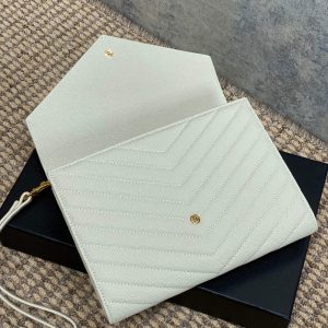 YSL Gold Hardware Logo Clutch 21cm White Caviar Cowhide