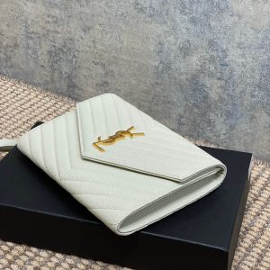 YSL Gold Hardware Logo Clutch 21cm White Caviar Cowhide