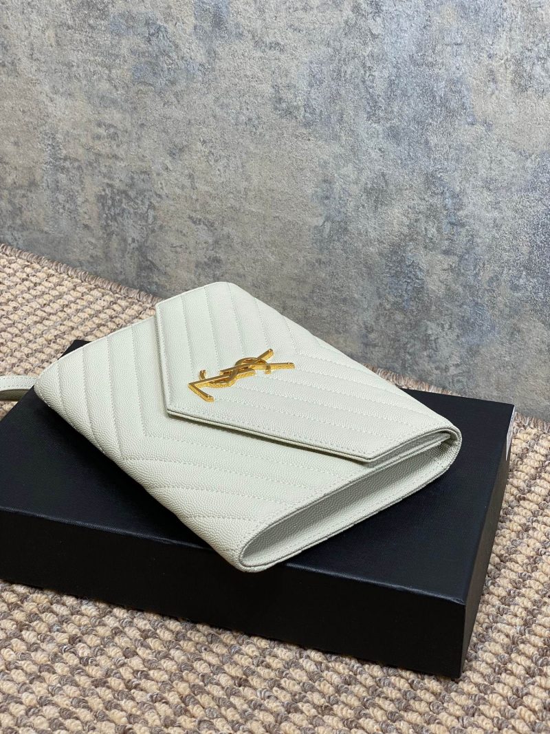 YSL Gold Hardware Logo Clutch 21cm White Caviar Cowhide