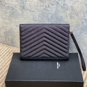 YSL Gold Hardware Logo Clutch 21cm Black Caviar Cowhide