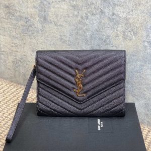 YSL Gold Hardware Logo Clutch 21cm Black Caviar Cowhide