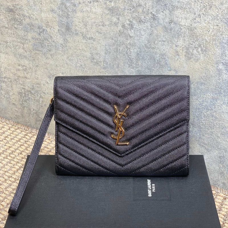 YSL Gold Hardware Logo Clutch 21cm Black Caviar Cowhide
