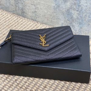YSL Gold Hardware Logo Clutch 21cm Black Caviar Cowhide