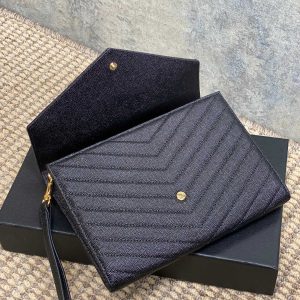 YSL Gold Hardware Logo Clutch 21cm Black Caviar Cowhide