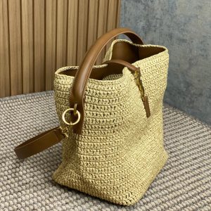 le 37 woven raffia 20cm brown calfskin
