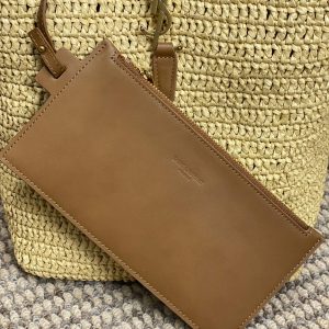 le 37 woven raffia 20cm brown calfskin