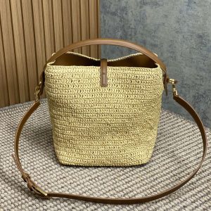 le 37 woven raffia 20cm brown calfskin