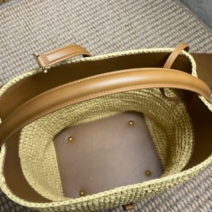 le 37 woven raffia 20cm brown calfskin