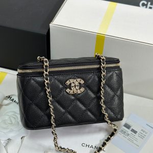 CC 25C Vanity Case 17cm Black Caviar Leather Heart Rhinestone Light Gold Hardware 243427