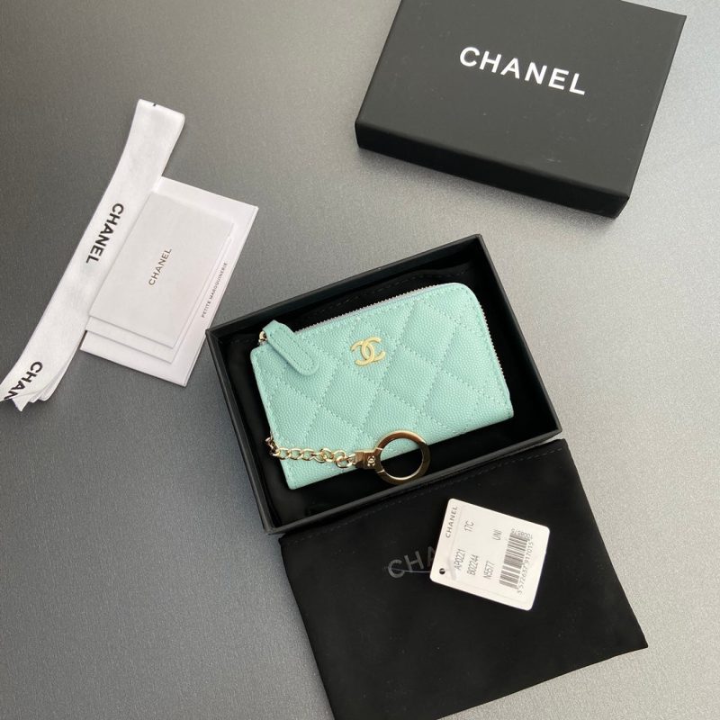 CC Hook & Chain Zipper Card Holder Light Blue Caviar GHW 234713