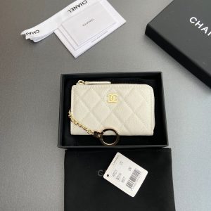 CC Hook & Chain Zipper Card Holder White Caviar GHW 234729