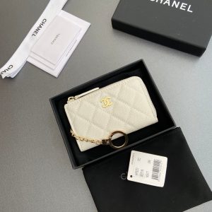 CC Hook & Chain Zipper Card Holder White Caviar GHW 234729