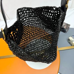 YSL OXALIS 37CM BLACK RAFFIA TAN CALFSKIN