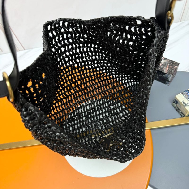 YSL OXALIS 37CM BLACK RAFFIA TAN CALFSKIN