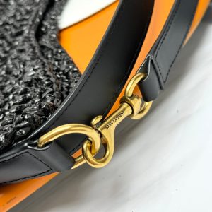 YSL OXALIS 37CM BLACK RAFFIA TAN CALFSKIN