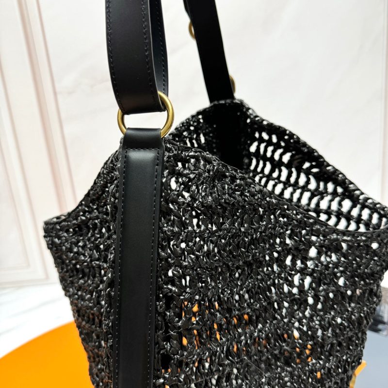 YSL OXALIS 37CM BLACK RAFFIA TAN CALFSKIN