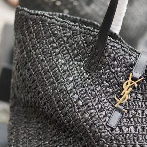 YSL MEDIUM 44CM PANIER BLACK RAFFIA TOTE BAG