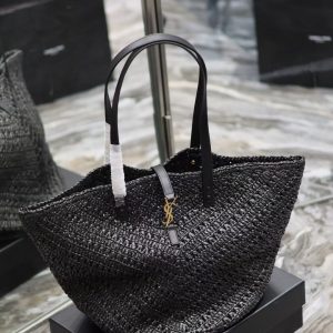 YSL MEDIUM 44CM PANIER BLACK RAFFIA TOTE BAG