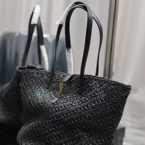 YSL MEDIUM 44CM PANIER BLACK RAFFIA TOTE BAG