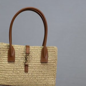 YSL TOTE BAG 29CM PANIER LEATHER TRIMMED RAFFIA