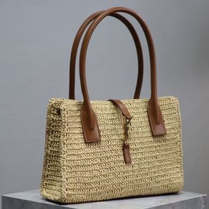 YSL TOTE BAG 29CM PANIER LEATHER TRIMMED RAFFIA