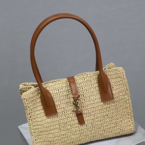 YSL TOTE BAG 29CM PANIER LEATHER TRIMMED RAFFIA