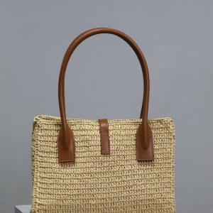 YSL TOTE BAG 29CM PANIER LEATHER TRIMMED RAFFIA