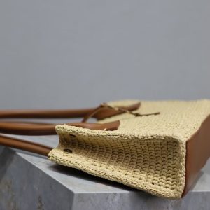 YSL TOTE BAG 29CM PANIER LEATHER TRIMMED RAFFIA