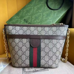 OPHIDIA 21 GG SMALL SHOULDER BAG IN BEIGE CANVAS AND BROWN CALFSKIN