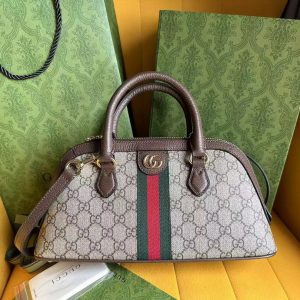 OPHIDIA 31 SMALL TOP HANDLE BAG IN BEIGE CANVAS AND BROWN CALFSKIN