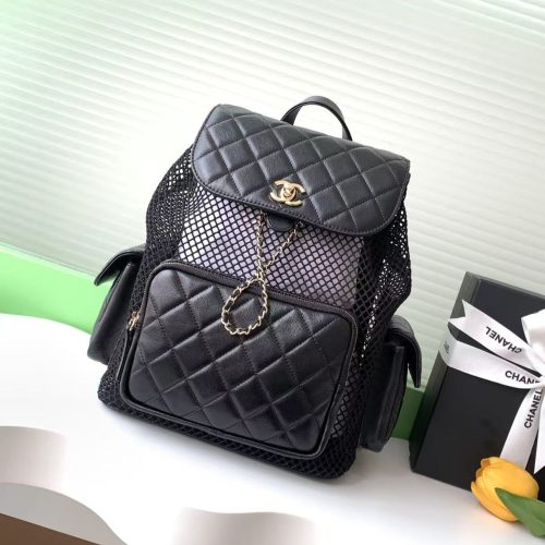 cc 25S Backpack 31cm Black Mesh Calfskin