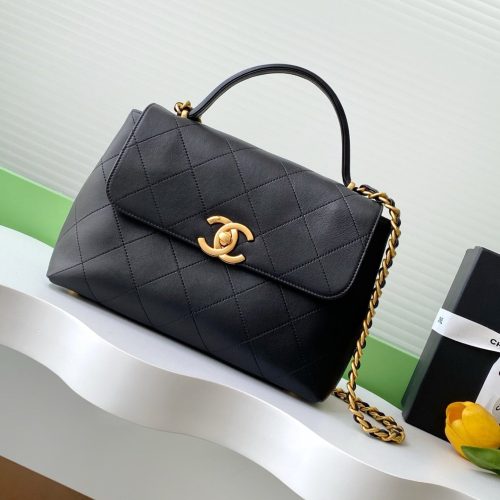 cc 25S Vintage Flap Bag 28cm Top Handle Black Calfskin