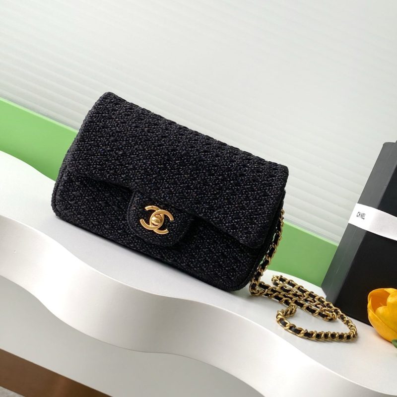cc 25S Flap Bag 20cm Black Raffia